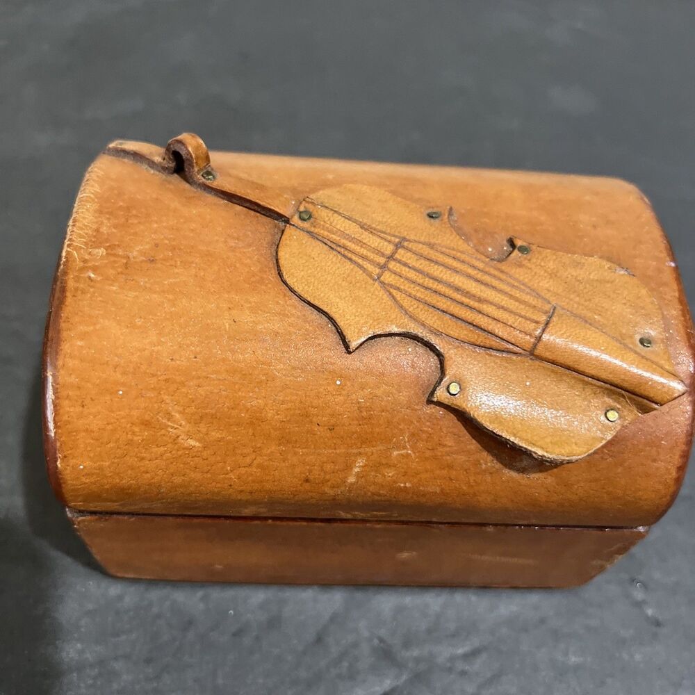 Violin Leather Wood Hinged Jewelry Trinket Keepsake Box Lined Handmade